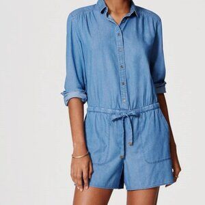 Loft Long-Sleeve Chambray Drawstring Button-Front Romper